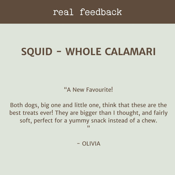 REAL FEEDBACK CUSTOMER REVIEW SQUID WHOLE CALAMAIR BONZA DOG TREATS