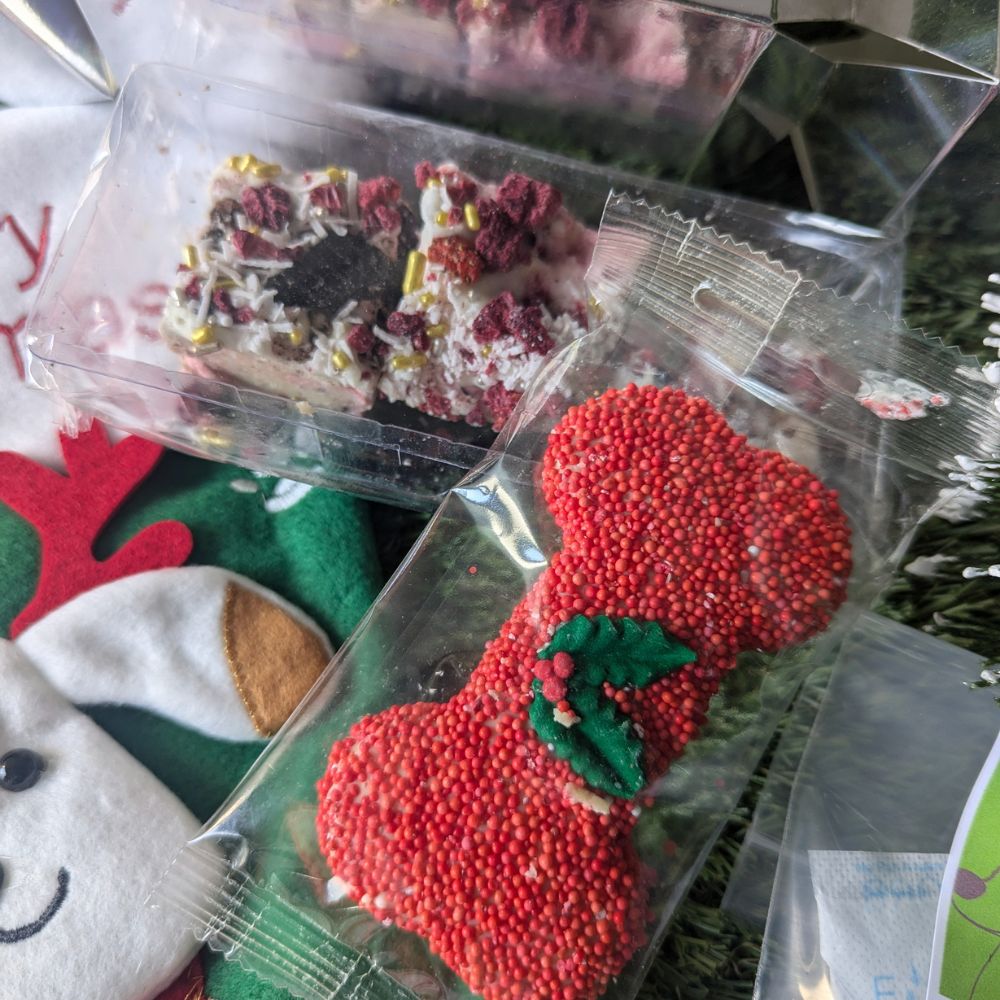 close up contents of Santa stocking Bonza Dog Treats