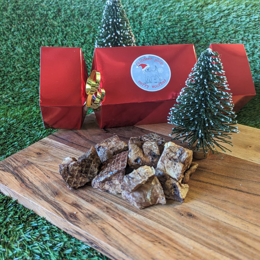 Reindeer Poop Christmas Cracker Dog Treats in festive bonbon Bonza Dog Treats