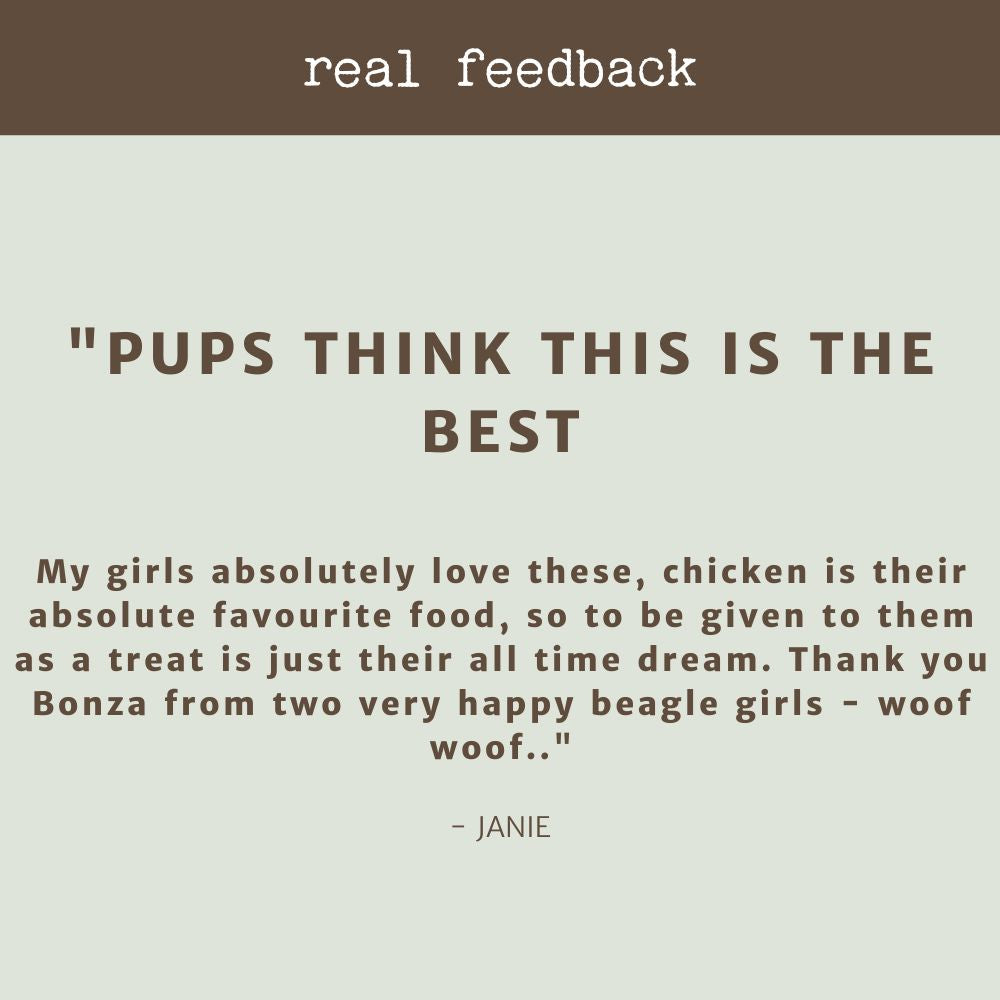 product review testimonial chicken breast fillet chicken jerky bonza dog treats