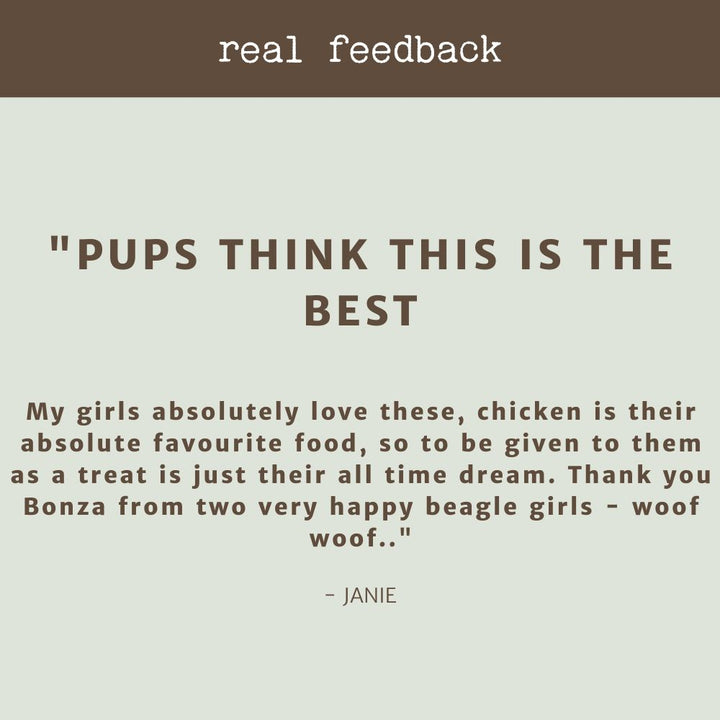 product review testimonial chicken breast fillet chicken jerky bonza dog treats