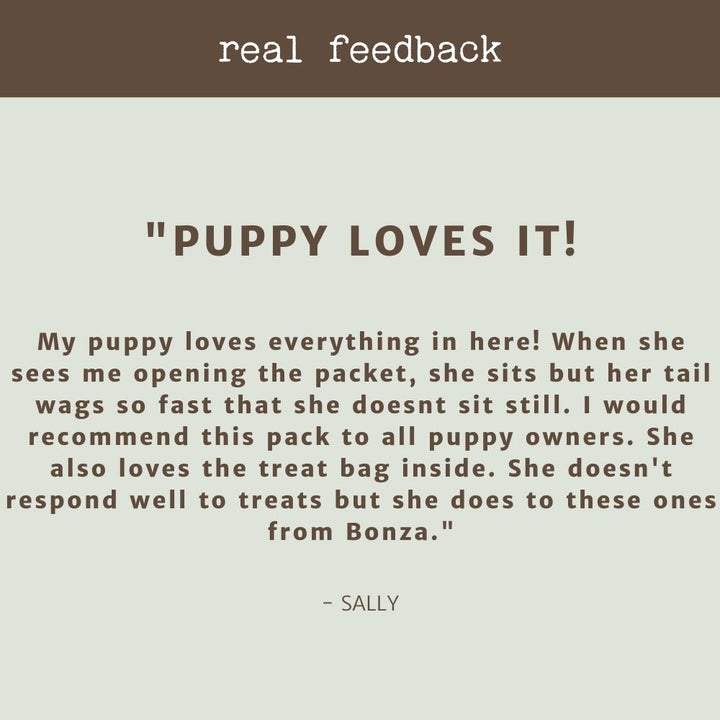 product review testimonial puppy chew bundle bonza dog treats