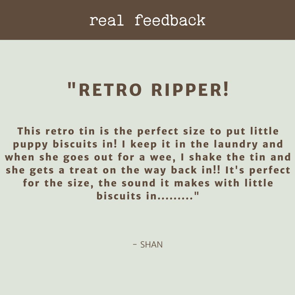 product review testimonial retro dog treat tin bonza dog treats